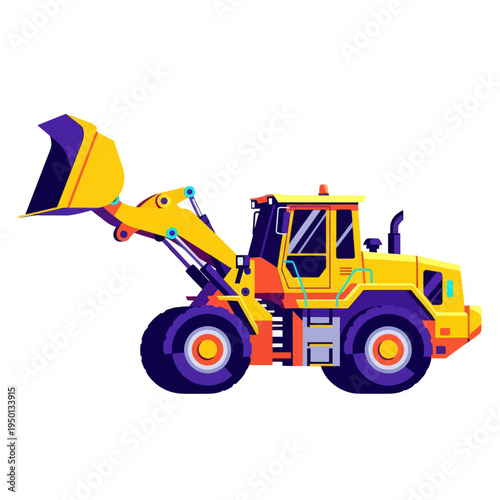 Yellow wheel loader vector illustration. Industrial front-end loader machinery for construction, earthmoving, and mining equipment isolated on white background.