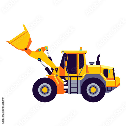 Yellow wheel loader vector illustration. Industrial front-end loader machinery for construction, earthmoving, and mining equipment isolated on white background.