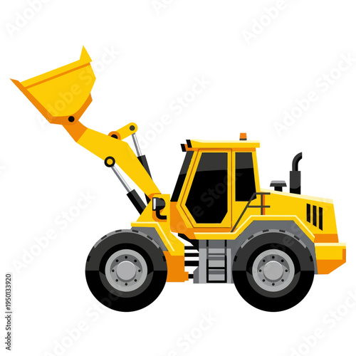 Yellow wheel loader vector illustration. Industrial front-end loader machinery for construction, earthmoving, and mining equipment isolated on white background.