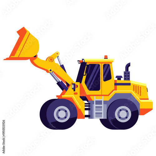 Yellow wheel loader vector illustration. Industrial front-end loader machinery for construction, earthmoving, and mining equipment isolated on white background.