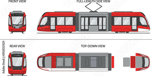 Modern red tram city express vector illustration showing front side rear and top views, urban public transport blueprint, electrical light rail transit.