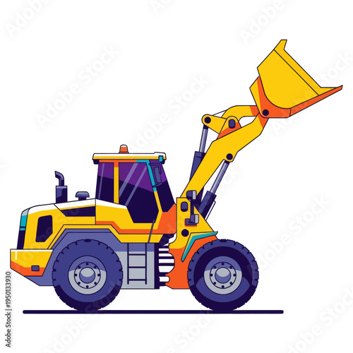 Yellow wheel loader vector illustration. Industrial front-end loader machinery for construction, earthmoving, and mining equipment isolated on white background.