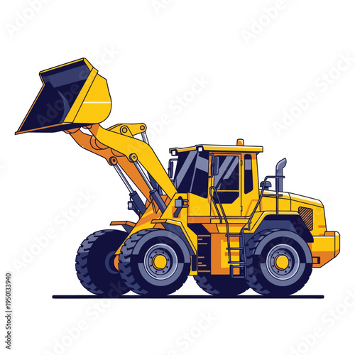 Yellow wheel loader vector illustration. Industrial front-end loader machinery for construction, earthmoving, and mining equipment isolated on white background.