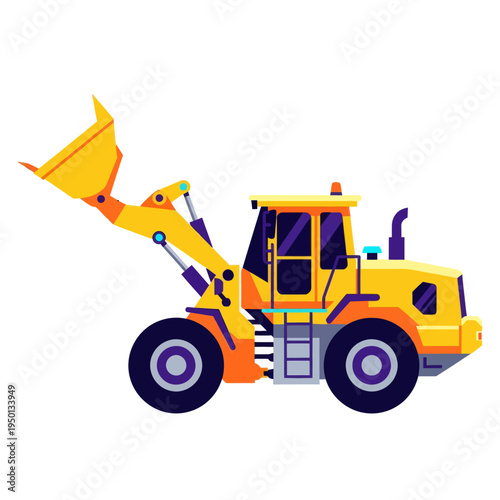 Yellow wheel loader vector illustration. Industrial front-end loader machinery for construction, earthmoving, and mining equipment isolated on white background.