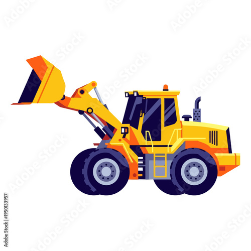 Yellow wheel loader vector illustration. Industrial front-end loader machinery for construction, earthmoving, and mining equipment isolated on white background.