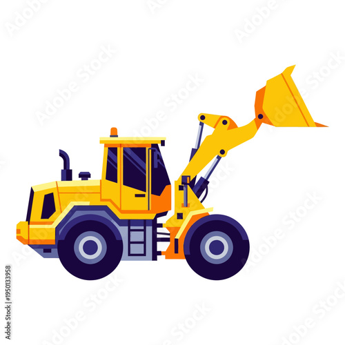 Yellow wheel loader vector illustration. Industrial front-end loader machinery for construction, earthmoving, and mining equipment isolated on white background.