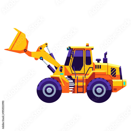 Yellow wheel loader vector illustration. Industrial front-end loader machinery for construction, earthmoving, and mining equipment isolated on white background.