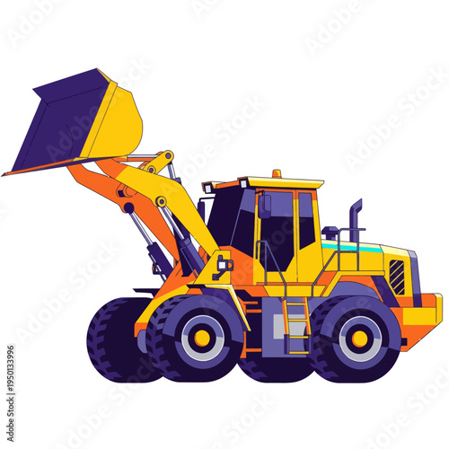Yellow wheel loader vector illustration. Industrial front-end loader machinery for construction, earthmoving, and mining equipment isolated on white background.