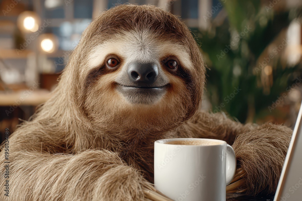 Fototapeta premium A charming sloth enjoying a cup of coffee while using a laptop, indoors setting, showcasing a relaxed and humorous scene with a focus on the animal's expression.