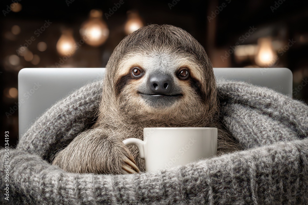 Fototapeta premium A charming portrait of a sloth wrapped in a cozy blanket, holding a cup of coffee, relaxing in a comfortable chair, looking adorable with its gentle smile and curious eyes.