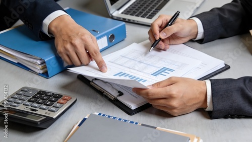 Business Financial Analysis Meeting with Documents Calculator Laptop and Professional Budget Planning