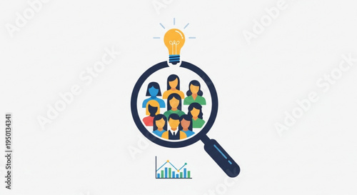 Diverse group of people inside a magnifying glass with a lightbulb symbolizing business ideas and market research analysis