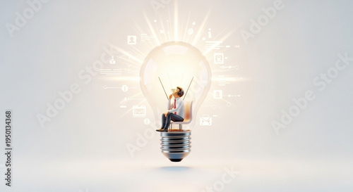 Woman sitting on giant light bulb with glowing idea symbolizing innovation and creativity in business and technology