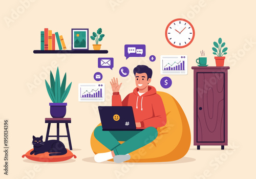 Young man working remotely on a bean bag with a cat. Flat vector illustration of a freelancer managing emails, calls, and financial growth charts in a cozy home office setting.