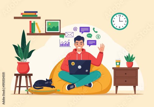 Young man working remotely on a bean bag with a cat. Flat vector illustration of a freelancer managing emails, calls, and financial growth charts in a cozy home office setting.