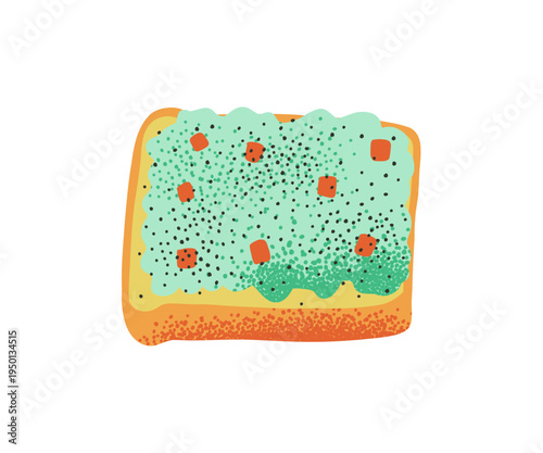 Avocado toast with slices of avocado and tomatoes. Cartoon hand drawn style. Healthy breakfast for menu and restaurants design. Vector illustration isolated on white background.