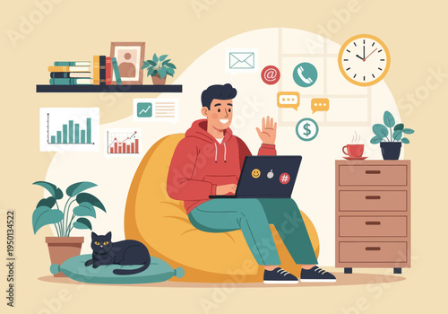 Young man working remotely on a bean bag with a cat. Flat vector illustration of a freelancer managing emails, calls, and financial growth charts in a cozy home office setting.