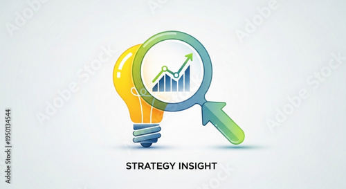 Strategy insight concept with lightbulb and magnifying glass showing growth chart