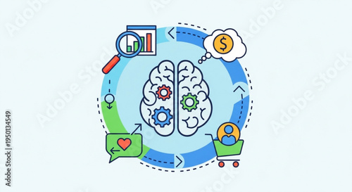 E commerce strategy and marketing concept with brain gears shopping cart and analytics symbols in a circular flow