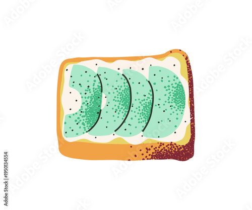 Avocado toast with slices of avocado. Cartoon hand drawn style. Healthy breakfast for menu and restaurants design. Vector illustration isolated on white background.