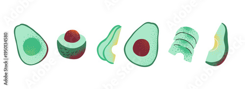 Set with whole avocado, halves of avocado and bones. Healthy vegan food. Hand drawn fruits in modern style.