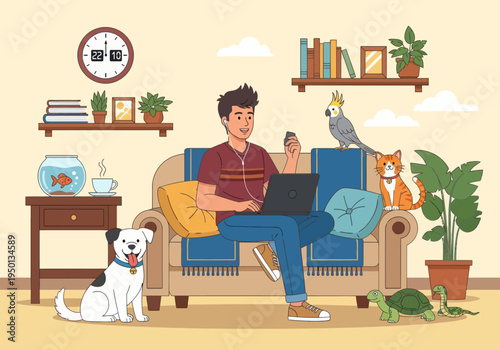 Young man working remotely on a couch with many pets like a dog, cat, parrot, and turtle in a cozy home environment. Vector flat illustration of a multi-pet lifestyle.