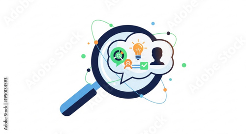 Magnifying glass with creative thinking symbols and icons in speech bubble representing problem solving and innovation