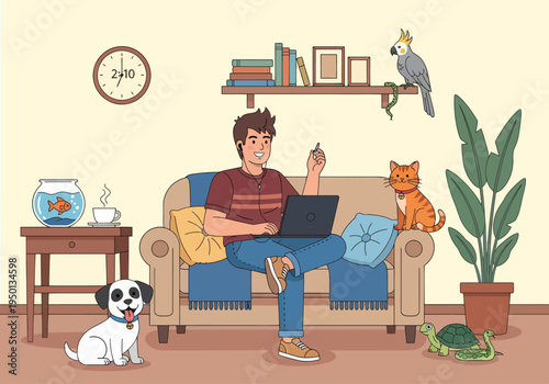 Young man working remotely on a couch with many pets like a dog, cat, parrot, and turtle in a cozy home environment. Vector flat illustration of a multi-pet lifestyle.