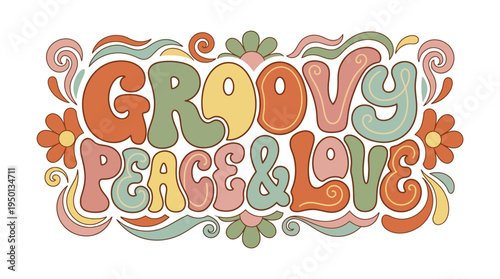 Playful Seventies Inspired Groovy Peace and Love Typography Vector Art with Bubbly Retro Font and Floral Swirls