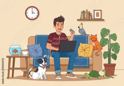 Young man working remotely on a couch with many pets like a dog, cat, parrot, and turtle in a cozy home environment. Vector flat illustration of a multi-pet lifestyle.