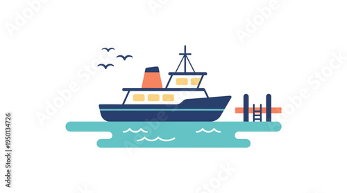 Illustrated ferry boat gently navigating calm water near a small dock, with birds flying overhead, depicting marine travel and coastal transport.
