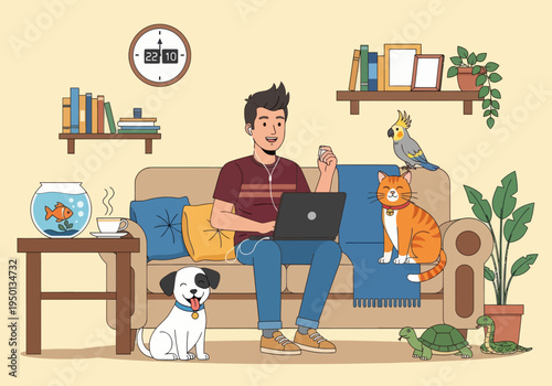 Young man working remotely on a couch with many pets like a dog, cat, parrot, and turtle in a cozy home environment. Vector flat illustration of a multi-pet lifestyle.
