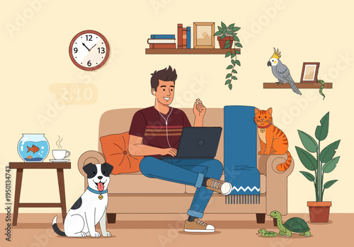 Young man working remotely on a couch with many pets like a dog, cat, parrot, and turtle in a cozy home environment. Vector flat illustration of a multi-pet lifestyle.