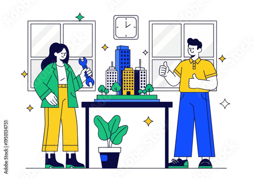 Architects and engineers celebrate their successful smart city development project. A diverse team presents a detailed miniature model with a wrench and double thumbs-up in a modern office.