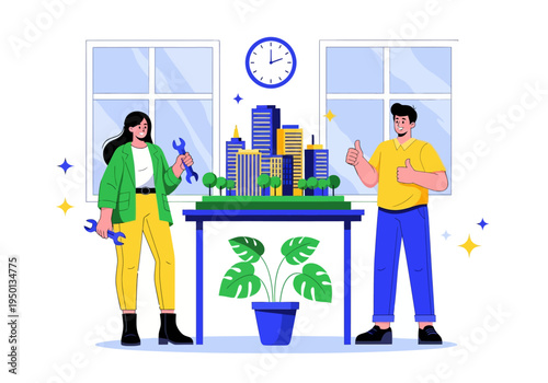 Architects and engineers celebrate their successful smart city development project. A diverse team presents a detailed miniature model with a wrench and double thumbs-up in a modern office.