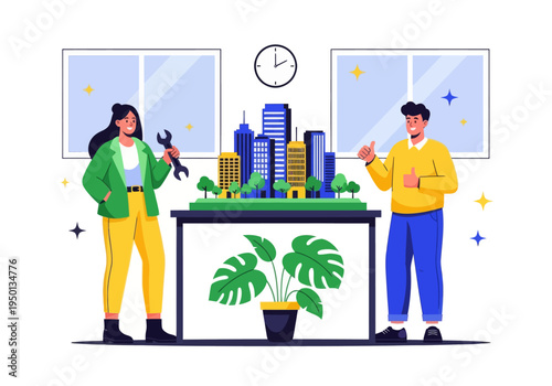 Architects and engineers celebrate their successful smart city development project. A diverse team presents a detailed miniature model with a wrench and double thumbs-up in a modern office.