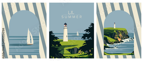 Seashore postcard set, natural backgrounds, hello summer postcard collection, summer banners