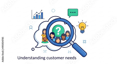 Customer needs analysis with magnifying glass and diverse group of people in thought bubble understanding target audience concept