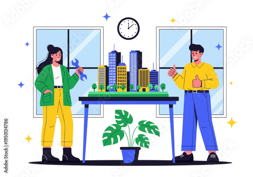 Architects and engineers celebrate their successful smart city development project. A diverse team presents a detailed miniature model with a wrench and double thumbs-up in a modern office.