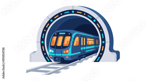 Modern subway train illustration entering a futuristic tunnel arch, symbolizing efficient urban public transportation in a connected city.