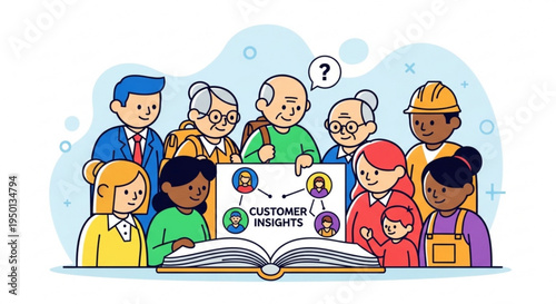 Diverse group of people gathered around an open book discussing customer insights and data analysis with a thoughtful atmosphere