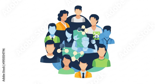 Diverse group of people around a globe with a green earth symbolizing unity and global connection