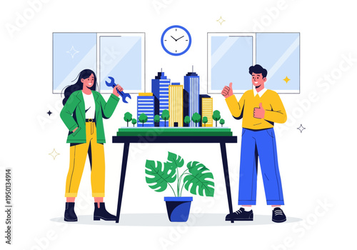 Architects and engineers celebrate their successful smart city development project. A diverse team presents a detailed miniature model with a wrench and double thumbs-up in a modern office.