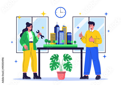 Architects and engineers celebrate their successful smart city development project. A diverse team presents a detailed miniature model with a wrench and double thumbs-up in a modern office.