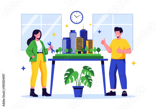 Architects and engineers celebrate their successful smart city development project. A diverse team presents a detailed miniature model with a wrench and double thumbs-up in a modern office.