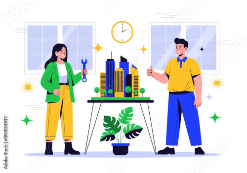 Architects and engineers celebrate their successful smart city development project. A diverse team presents a detailed miniature model with a wrench and double thumbs-up in a modern office.