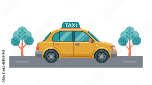 Bright yellow city taxi car illustration on an urban road, viewed from the side, with stylized trees.