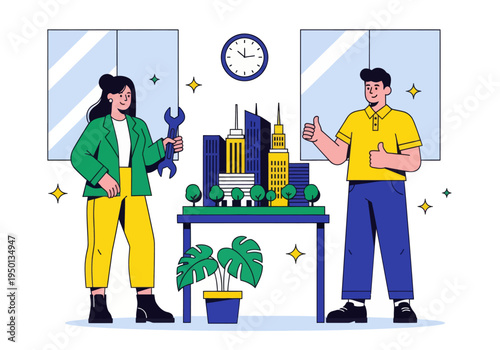 Architects and engineers celebrate their successful smart city development project. A diverse team presents a detailed miniature model with a wrench and double thumbs-up in a modern office.