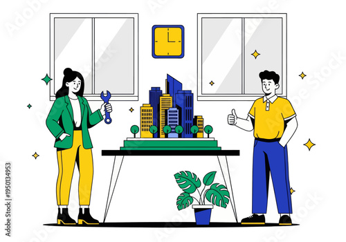 Architects and engineers celebrate their successful smart city development project. A diverse team presents a detailed miniature model with a wrench and double thumbs-up in a modern office.