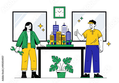 Architects and engineers celebrate their successful smart city development project. A diverse team presents a detailed miniature model with a wrench and double thumbs-up in a modern office.